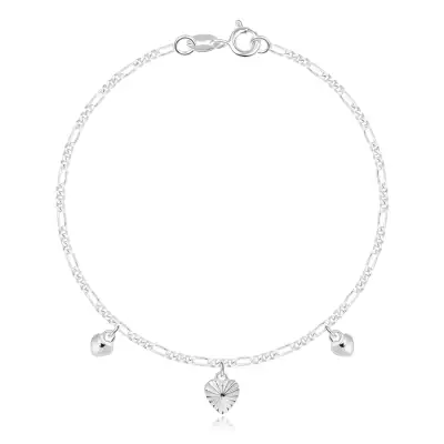 925 ezüst karkötő - szív sugár alakú bevágásokkal, kisebb sima szívekkel