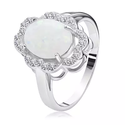 925 ezüst gyűrű - ovális fehér szintetikus opál, cirkónia szél - Nagyság_ 49