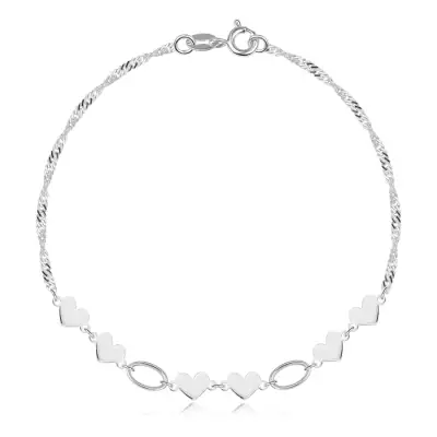 925 ezüst karkötő - lapos tükörszerű szívek, ovális szemek