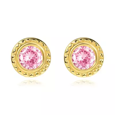 14K arany fülbevaló rózsaszín cirkóniával és díszes szegéllyel