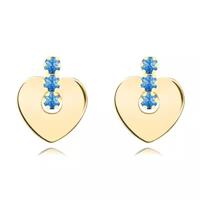 14 karátos arany fülbevaló szívvel és kék cirkóniákkal egy vonalban