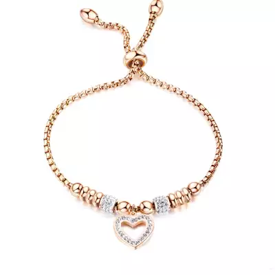 Állítható acél karkötő, réz színű - egy szív cirkonokkal, fényes gyöngyökkel