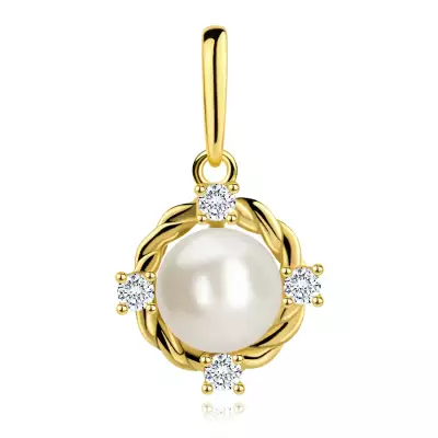 9 karátos arany spirálmintás medál, tenyésztett gyöngy, cirkónia