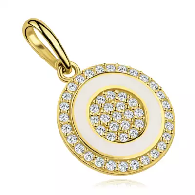 9 karátos sárgaarany kerek medál fehér mázzal és cirkóniumokkal