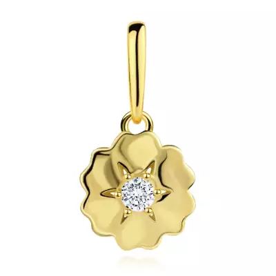 9 karátos sárgaarany medál virág formájú, hullámos szirmokkal és átlátszó cirkóniával