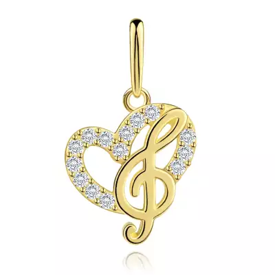 Arany medál 9 karátos szív formájában, G-kulccsal és cirkóniával
