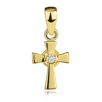 14K arany kereszt medál cirkóniával és szélesedő szárakkal