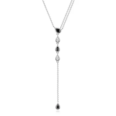 Ezüst 925 Y-nyaklánc fekete és átlátszó, csepp alakú cirkóniákkal