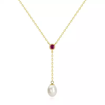 9K arany nyaklánc rubinnal és tenyésztett gyönggyel