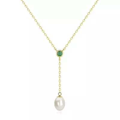 9K arany Y nyaklánc smaragddal és tenyésztett gyönggyel