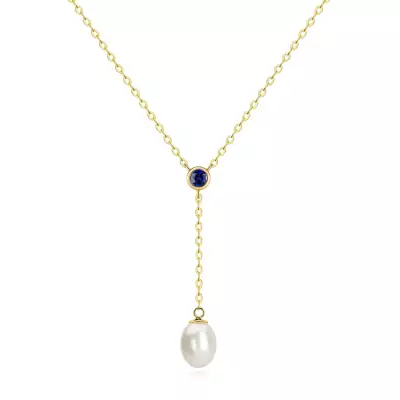 9K arany Y nyaklánc kék zafírral és tenyésztett gyönggyel