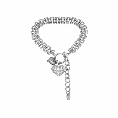 Ezüst színű nemesacél karkötő szív függőkkel és cirkóniával