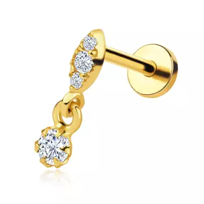 14K arany labret piercing golyó, cirkóniákkal és lógó cirkóniával