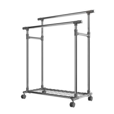 Fém ruhaállvány kerekeken 2 rúddal + polcokkal