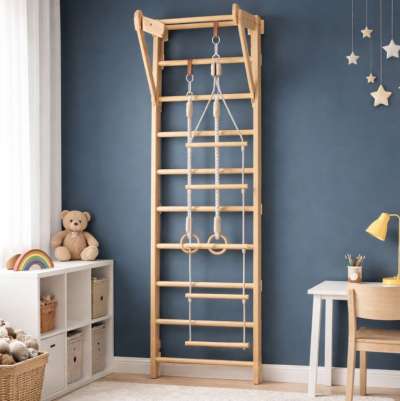 Gyerek fa létrák vízszintes rúddal, gyűrűkkel, kötéllétrával