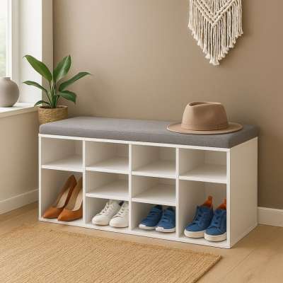 Cipőszekrény paddal és párnával 104×30×48 cm 10 rekesz fehér