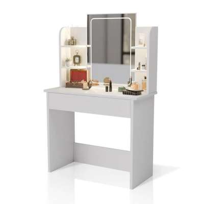 Modern fehér sminkasztal LED tükörrel és polcokkal Zoey