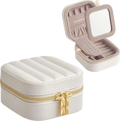 Kis utazó ékszerdoboz tükörrel és rekeszekkel fehér