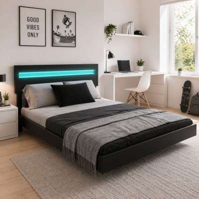 Ágykeret 140x200 cm fekete LED fejtámlával