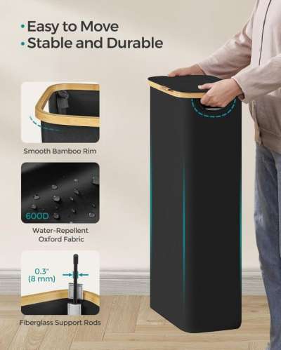 Keskeny mosodai kosár 65 L bambusz szegéllyel fekete