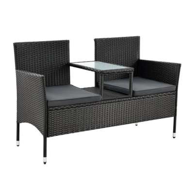 Polyrattan kerti dupla pad beépített asztallal fekete