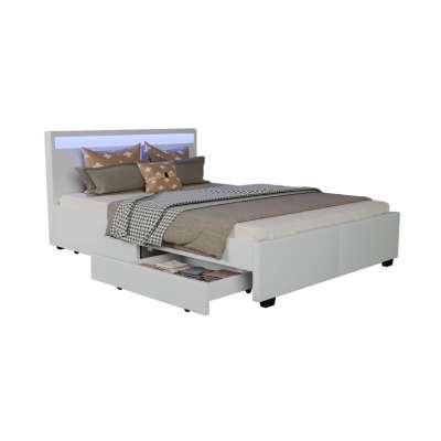 Modern ágy 140x200 cm LED lámpával és tárolóhellyel, fehér