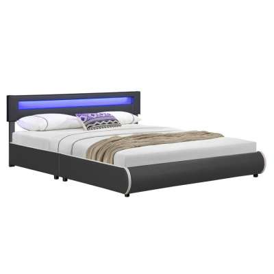 Modern kárpitozott ágy 180x200 cm LED szalaggal sötétszürke