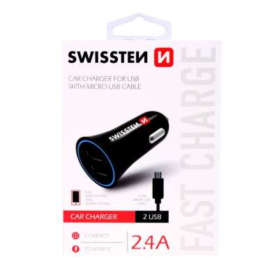 Autós töltő Swissten 2.4A  2x USB + kábel Micro USB