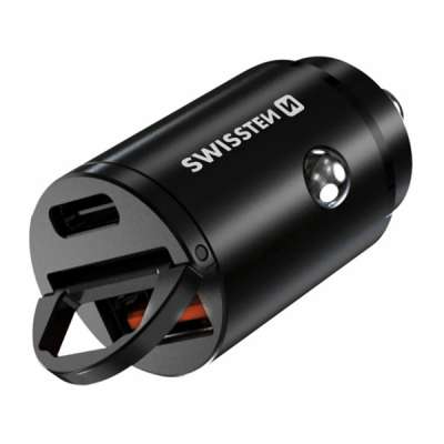 CL Adapter Swissten Power Delivery USB-C + Super charge 3.0 30 W, fekete