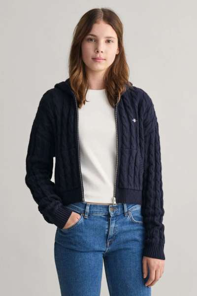 KARDIGÁN GANT SHIELD CROPPED CABLE ZIP HOODIE EVENING BLUE