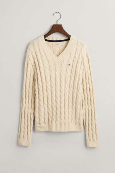 PULÓVER GANT SHIELD RELAXED CABLE V-NECK EGGSHELL
