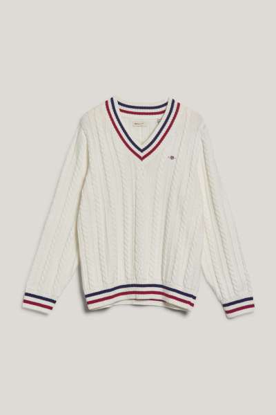 PULÓVER GANT STRIPED CABLE V-NECK EGGSHELL