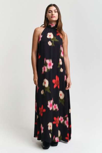 RUHA GANT FLORAL PRINT HALTERNECK DRESS BLACK