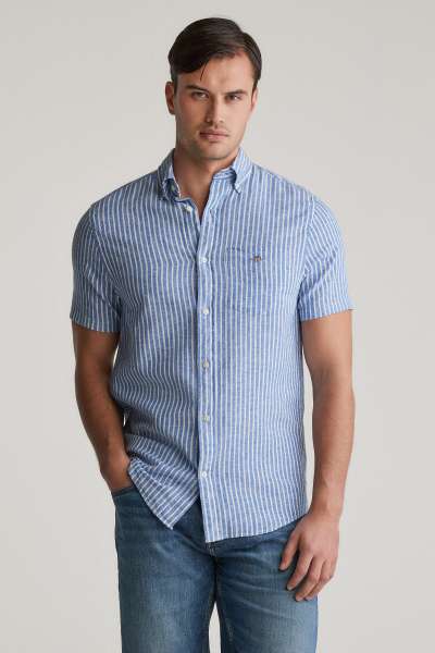ING GANT REG COTTON LINEN STRIPE SS SHIRT RICH BLUE
