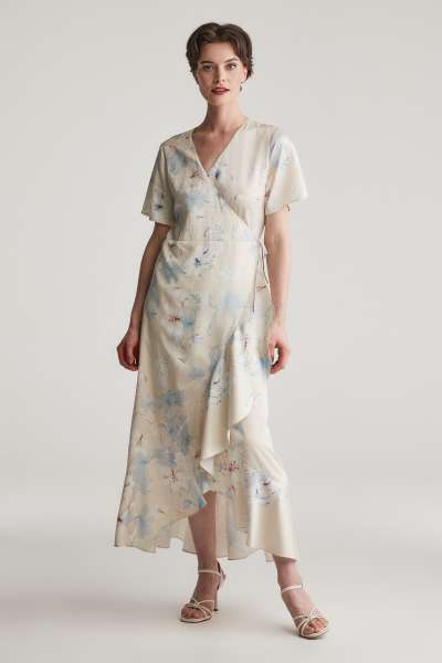 RUHA GANT FLORAL PRINT WRAP SS FRILL DRESS PUTTY
