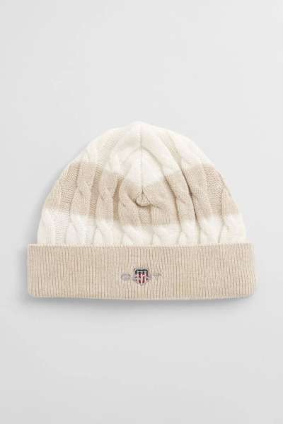 SAPKA GANT SHIELD STRIPED COTTON CABLE BEANIE LIGHT BEIGE MELANGE