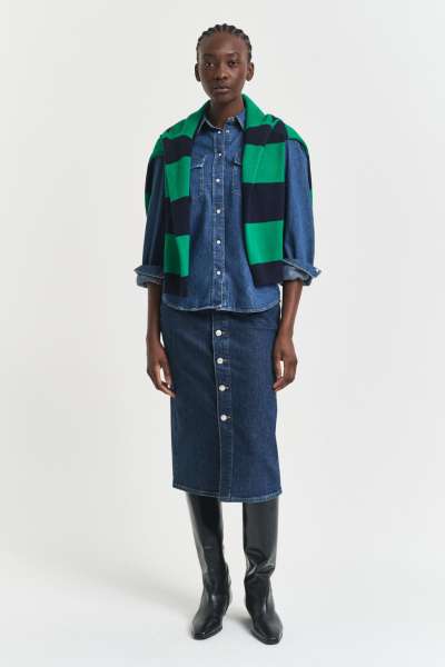 SZOKNYA GANT MIDI BUTTON FRONT DENIM SKIRT DARK BLUE WORN IN