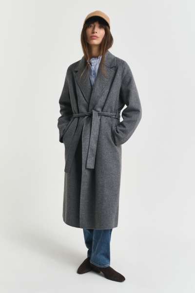 KABÁT GANT HANDSTITCHED BELTED COAT CHARCOAL MELANGE