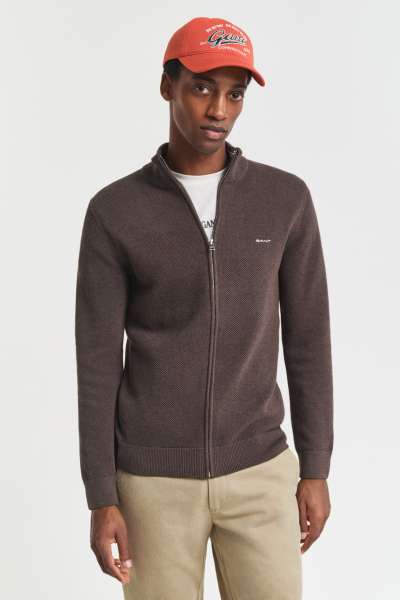 KARDIGÁN GANT COTTON PIQUE ZIP CARDIGAN BROWN MELANGE