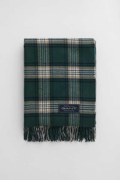 TAKARÓ GANT EXTRA FINE MERINO WOOL THROW  TARTAN GREEN