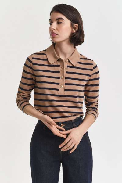 PÓLÓ GANT REG BRETON STRIPED LS PIQUE POLO WARM KHAKI