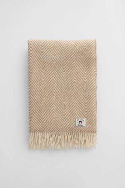 TAKARÓ GANT HERRINGBONE WOOL THROW  TAUPE BEIGE