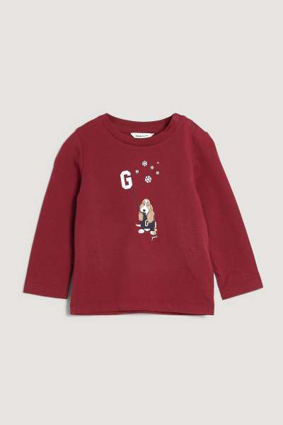 TOP GANT DOG AND SNOWFLAKES PRINT LS TOP PLUMPED RED
