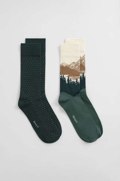 ZOKNI GANT MOUNTAIN SCENERY SOCKS 2-PACK TARTAN GREEN