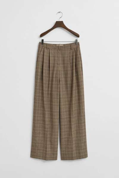 NADRÁG GANT CHECKED PLEATED WOOL BLEND PANTS DEEP BROWN