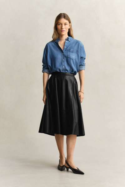 SZOKNYA GANT FLARED FLUID LEATHER SKIRT BLACK