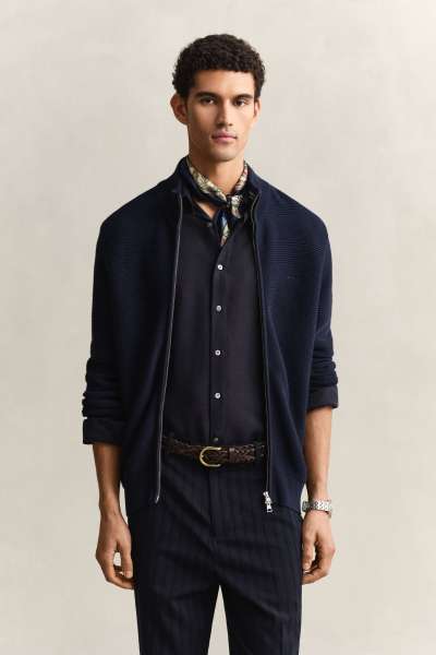 KARDIGÁN GANT COTTON TEXTURE ZIPPED CARDIGAN EVENING BLUE
