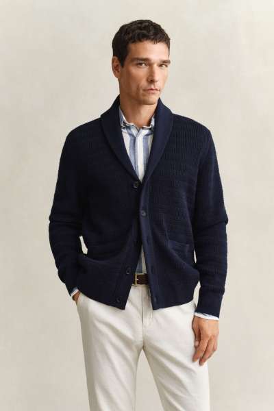 KARDIGÁN GANT INI CABLE SHAWL COLLAR CARDIGAN EVENING BLUE