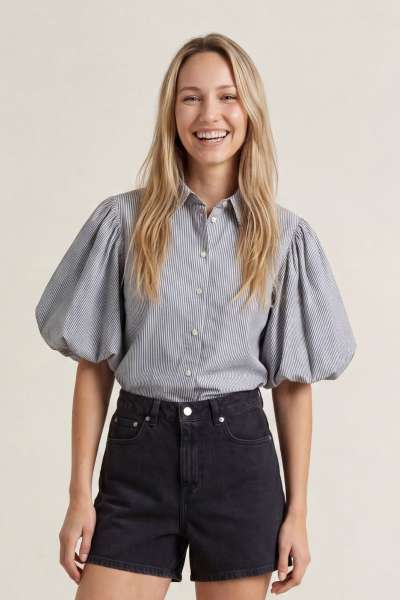 BLÚZ GANT SEERSUCKER PUFF SLEEVE BLOUSE EVENING BLUE