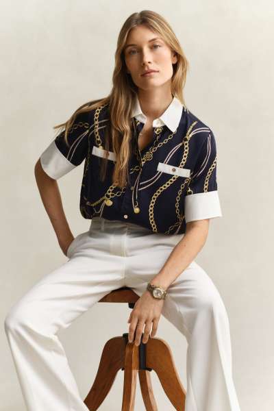 BLÚZ GANT REG PRINTED CONTRAST SS BLOUSE EVENING BLUE
